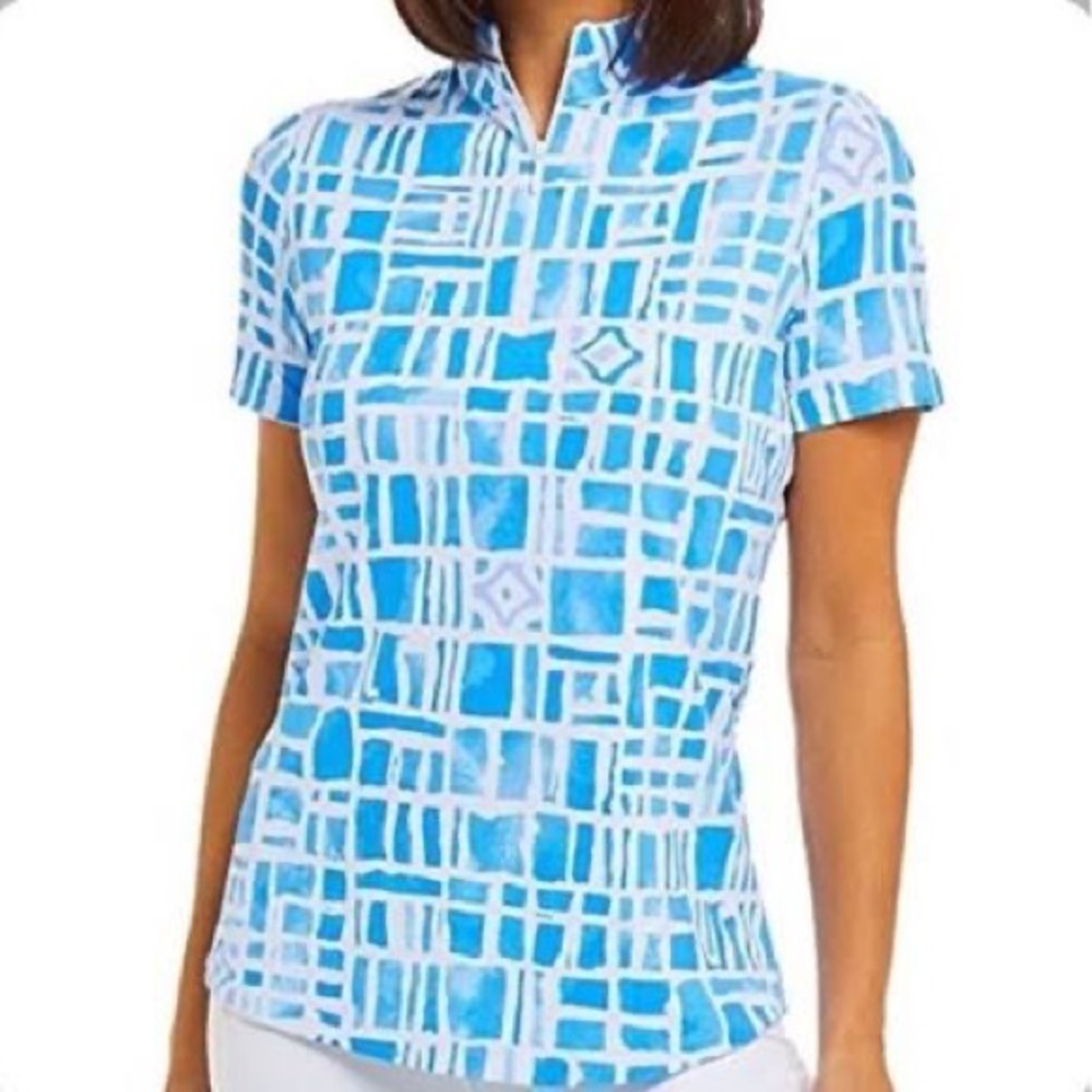 🆕 IBKUL Golf Out Of The Box Blue Short Sleeve Mock Neck Graphic Tee Sports